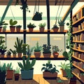 Illustration of a cozy coffee shop with shelves full of plants. Generative AI