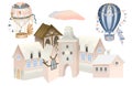 Illustration of cozy pink houses and retro hot airballoons in the sky, festive old town street