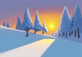 Illustration of A Cozy Winter Scene: Snowy Trees in a Radiant Sunset Glow