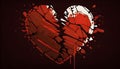 Illustration of a cracked red heart on a black background, flowing blood. Heart as a symbol of affection and