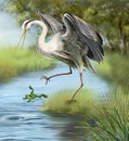 Illustration, crane hunting a frog in the water.