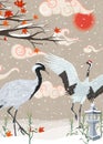 Illustration with cranes and snowfall at sunset