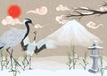 Illustration with cranes on snowy background