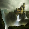 Illustration created by AI of dark landscape with castle, forest and waterfalls