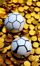 Two white soccer balls on a hord of golden coins