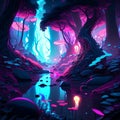 Illustration of a creepy dark forest with neon light - 3d render generative AI