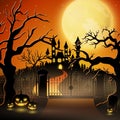 Creepy graveyard with castle and pumpkins