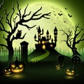 Creepy graveyard with castle and pumpkins