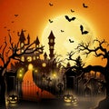 Creepy graveyard with castle and pumpkins