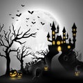 Creepy graveyard with castle and pumpkins