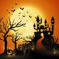 Creepy graveyard with castle and pumpkins