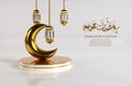 Modern 3d Islamic Ramadan kareem calligraphy greeting crescent moon and three traditional lanterns Royalty Free Stock Photo