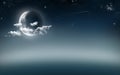 An illustration of a cresent moon on the left lighting up a couple of small clouds at night Royalty Free Stock Photo