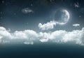 An illustration of a cresent moon on the right with a long band of cloud, stars, shooting star and galaxies against the dark blue