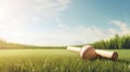 An illustration of cricket sport gear laying on green grass against a blue sky background. Royalty Free Stock Photo