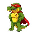 The crocodile with muscular body wearing red super heroes costume