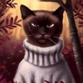 Funny cross-eyed Siamese cat wearing a warm turtleneck sweater in a forest