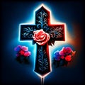 illustration of a cross with red roses on a dark blue background generative AI