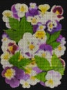 Illustration. Cross-stitch, bouquet of flowers. Violet or pansies, pansy. Floral background, collage. Texture of flowers. Rustic,