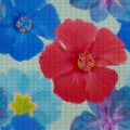 Illustration. Cross-stitch. Hibiscus, gladiolus and primula flowers. Texture of flowers. Seamless pattern for continuous replicate