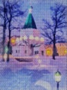 Illustration. Cross stitch. New Year. View of the nightly lit church. Fairytale night. Snowflakes are falling. Christmas motifs
