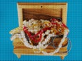 Illustration. Cross-stitch. The slightly opened wooden casket filled with costume jewelry Royalty Free Stock Photo