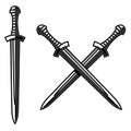 Illustration of crossed daggers in engraving style. Design element for logo, label, emblem, sign. Royalty Free Stock Photo