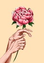 Botanical lover illustration hands woman with flower, Fashion sketch hand drawn. Valentine love art plants in hands. Florist elem