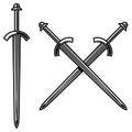 Illustration of crossed knight swords in engraving style. Design element for logo, label, emblem, sign.