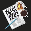 Illustration of crossword game, mug of coffee and crepe