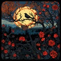 an illustration of a crow sitting on a tree branch in front of a full moon Royalty Free Stock Photo