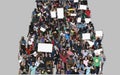 Illustration of crowd marching and demonstrating with blank signs and banners from high angle view