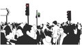 Illustration of crowd of people walking on the street with street signs and traffic lights Royalty Free Stock Photo