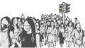 Illustration of crowd of women walking, crossing street, wearing face masks