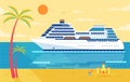 Illustration of cruise ship , side view, near beach, palm trees