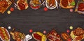 illustration, culinary banner, barbecue background with grilled meat, sausages, vegetables and sauces.