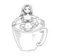 Cartoon girl character sitting in a bath of coffee