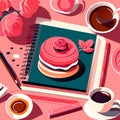 Illustration of a cup of coffee, a notebook, a pencil, a cake and a cup of coffee AI generated