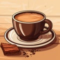 illustration of a cup of coffee on a saucer and a piece of chocolate