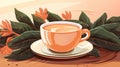 illustration of a cup of coffee on a saucer surrounded by orange flowers Royalty Free Stock Photo