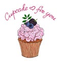 Illustration of a cupcake decorate with pink cream and blueberries, blackberry, isolated on a white background