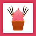 Illustration of cupcake with giant strawberry whip cream and extra topping, six chocolate sticks and cherries. Design can be for Royalty Free Stock Photo