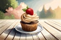 Illustration of a cupcake with a strawberry on a wooden table, sweet delicious treat, outdoor background, generative ai Royalty Free Stock Photo