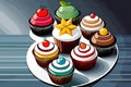 Illustration of cupcakes with cherry and star on a plate, delicious dessert treat, vector design, generative ai Royalty Free Stock Photo