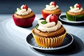 Illustration of cupcakes with cream icing and cherries on top, sweet and delicious pastry, tasty snack, generative ai Royalty Free Stock Photo