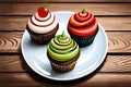 Illustration of cupcakes on a plate with different color icing, sweet snack, wooden background, generative ai