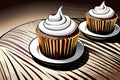 Illustration of cupcakes with whipped cream on a plate on a striped background, delicious pastry treat, generative ai Royalty Free Stock Photo