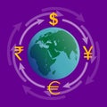 Currency exchange. Symbols of money, currencies of different countries of the world are located on arrows around the Earth