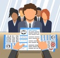 Illustration of curriculum vitae in hands of an employer and candidates behind a desk