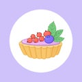 Illustration of custard tart with berries on top. Vector illustration of desert fruit tartlet. Sweet dessert poster.